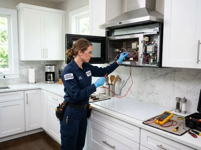 Appliance Repair Hero technician testing an over-the-range microwave in a Anna, TX kitchen
